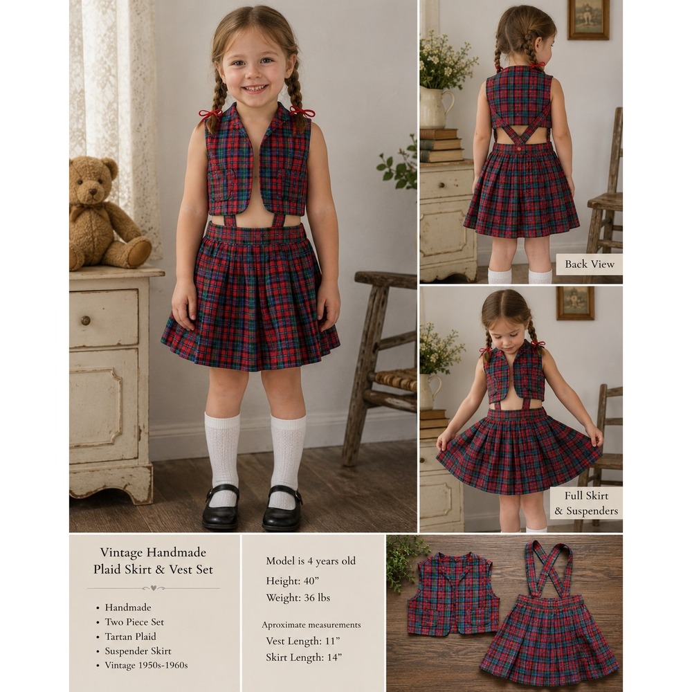 Vintage Handmade Girls Tartan Plaid Vest and Suspender Skirt Set Red Green 4T